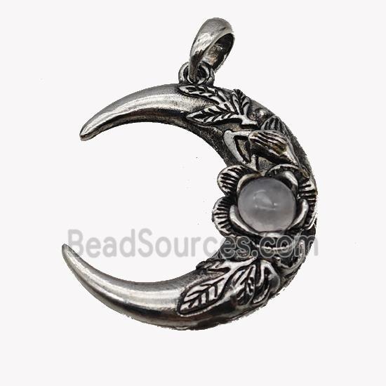 Alloy Moon Pendant Pave Clear Quartz Antique Silver