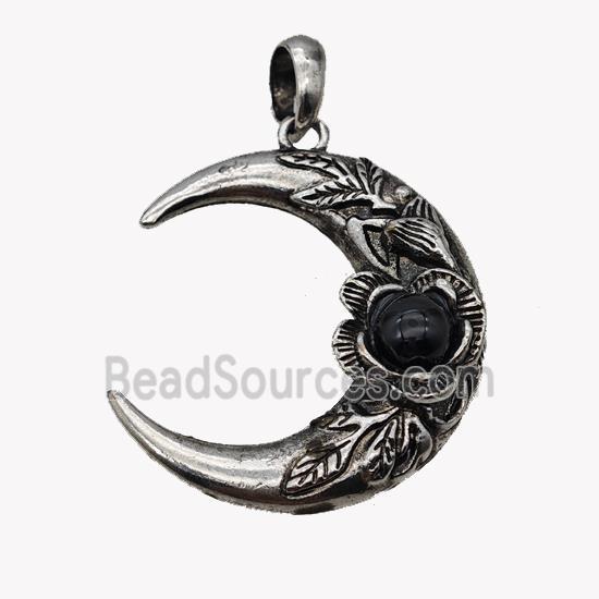 Alloy Moon Pendant Pave Black Obsidian Antique Silver