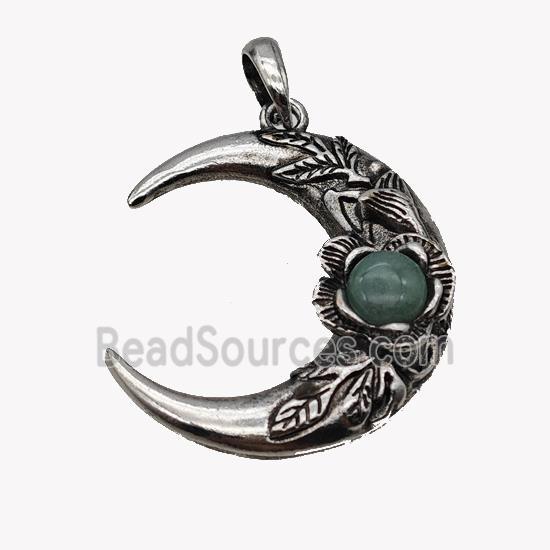 Alloy Moon Pendant Pave Green Aventurine Antique Silver