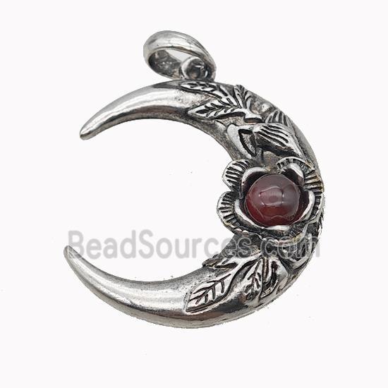 Alloy Moon Pendant Pave Red Agate Antique Silver