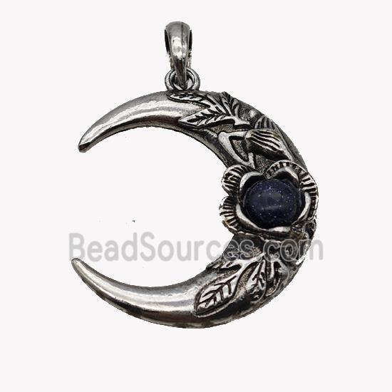 Alloy Moon Pendant Pave Blue Sandstone Antique Silver