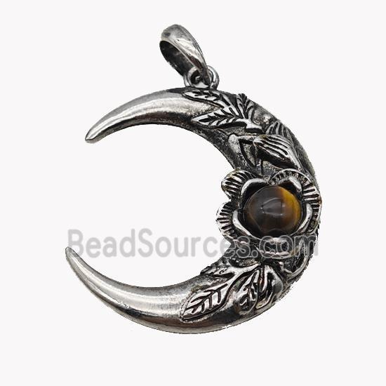 Alloy Moon Pendant Pave Tiger Eye Stone Antique Silver