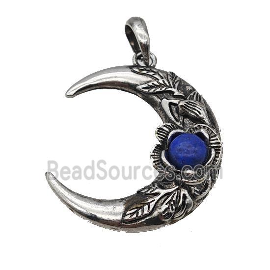 Alloy Moon Pendant Pave Blue Lapis Antique Silver