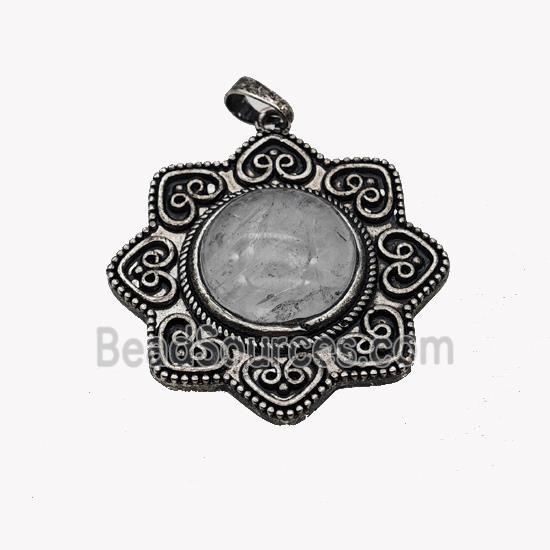 Alloy Flower Pendant Pave Clear Quartz Antique Silver