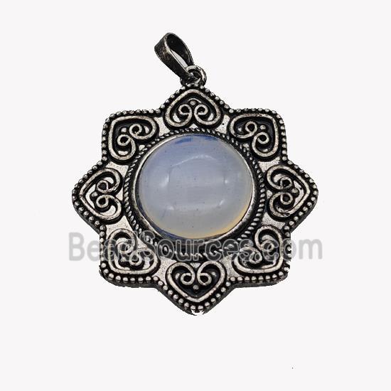 Alloy Flower Pendant Pave Opalite Antique Silver