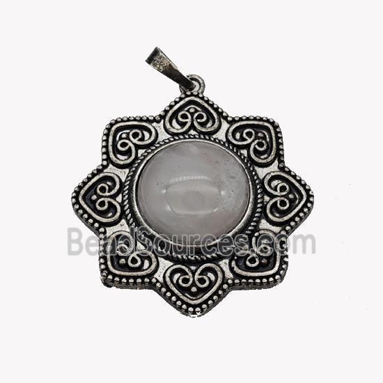 Alloy Flower Pendant Pave Rose Quartz Antique Silver