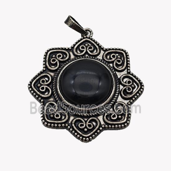 Alloy Flower Pendant Pave Black Obsidian Antique Silver