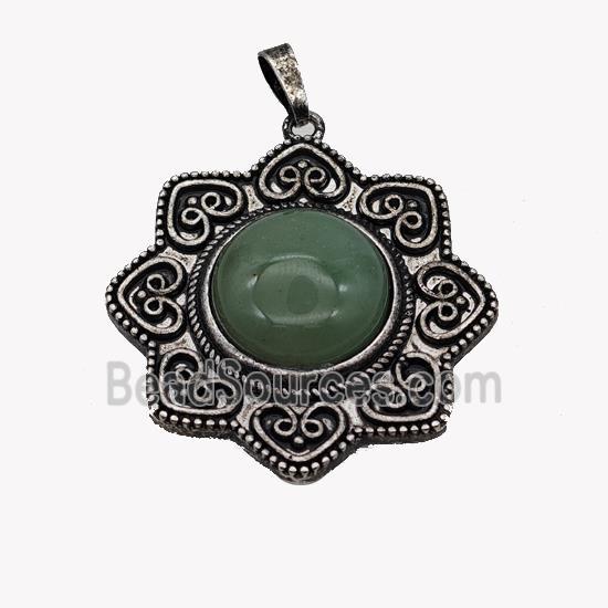 Alloy Flower Pendant Pave Green Aventurine Antique Silver