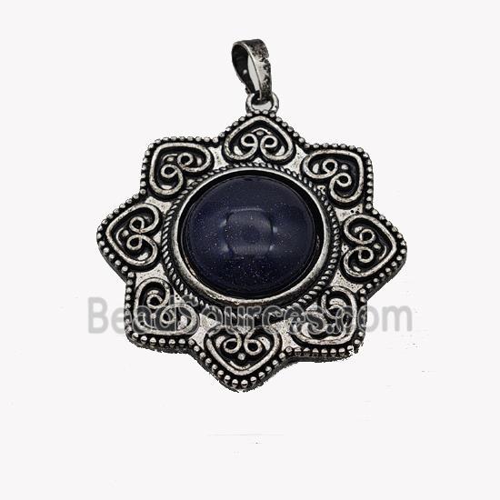 Alloy Flower Pendant Pave Blue Sandstone Antique Silver