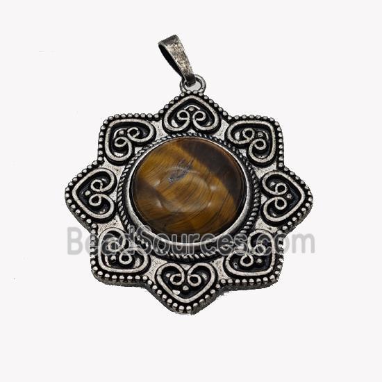 Alloy Flower Pendant Pave Tiger Eye Stone Antique Silver