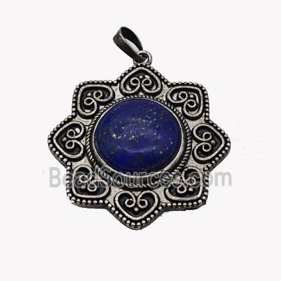 Alloy Flower Pendant Pave Blue Lapis Antique Silver