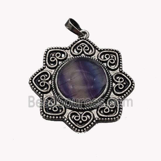 Alloy Flower Pendant Pave Fluorite Antique Silver