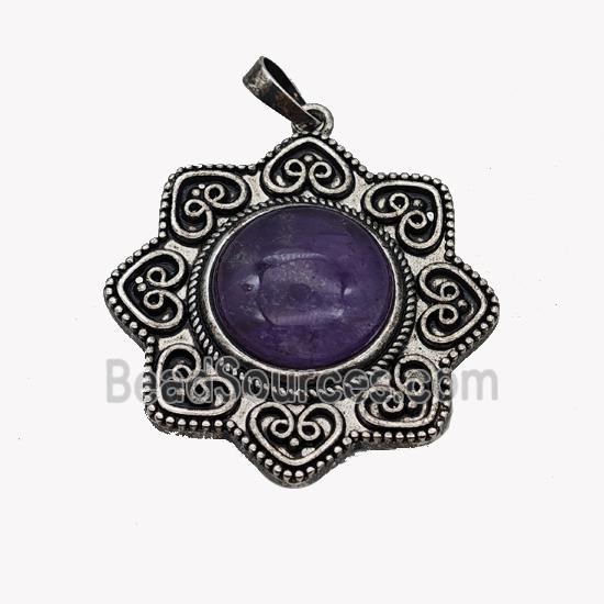 Alloy Flower Pendant Pave Purple Amethyst Antique Silver