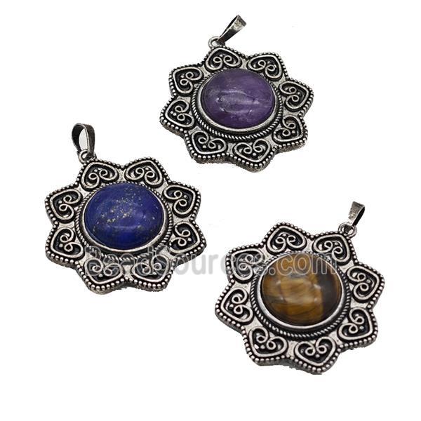 Alloy Flower Pendant Pave Gemstone Antique Silver Mixed