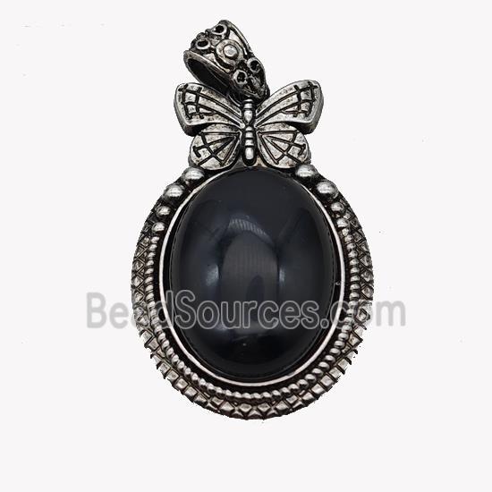 Alloy Butterfly Pendant Pave Black Obsidian Antique Silver