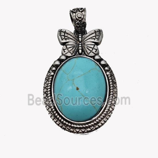 Alloy Butterfly Pendant Pave Teal Turquoise Antique Silver