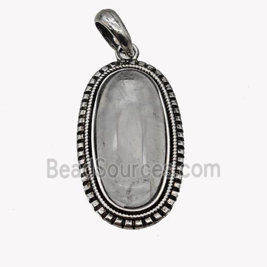 Alloy Oval Pendant Pave Clear Quartz Antique Silver