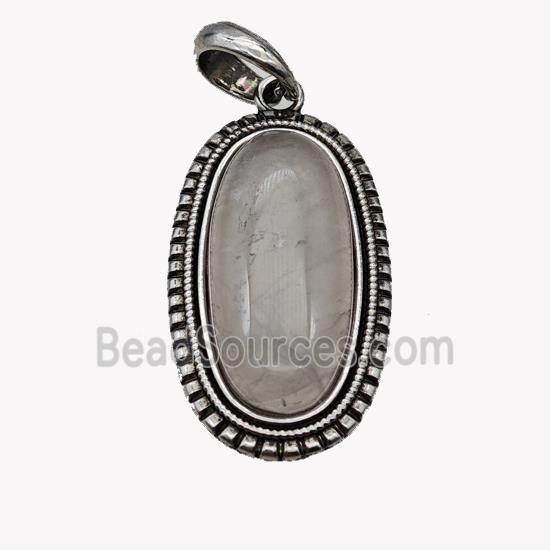 Alloy Oval Pendant Pave Rose Quartz Antique Silver