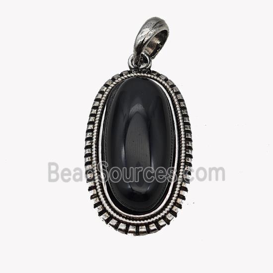 Alloy Oval Pendant Pave Black Obsidian Antique Silver