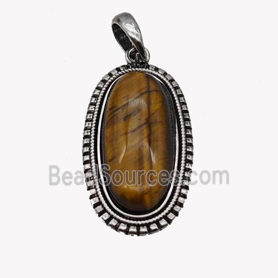 Alloy Oval Pendant Pave Tiger Eye Stone Antique Silver