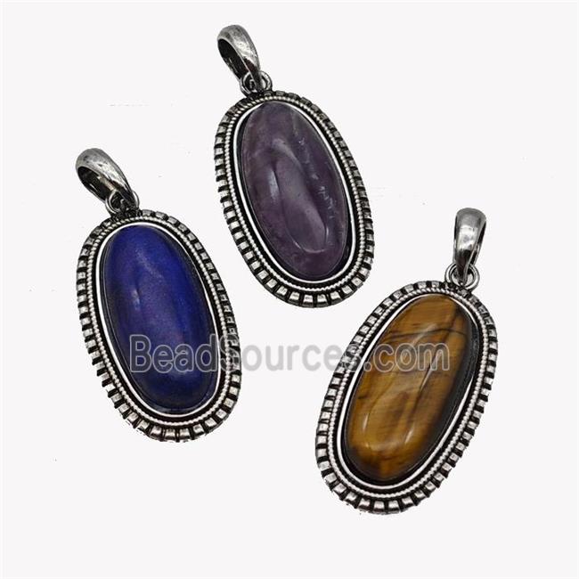 Alloy Oval Pendant Pave Gemstone Antique Silver Mixed