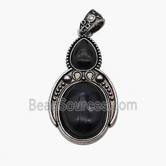 Alloy Penguin Pendant Pave Black Obsidian Antique Silver