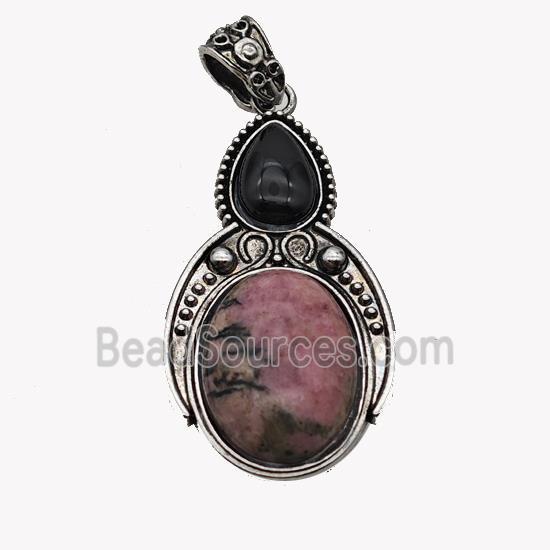 Alloy Penguin Pendant Pave Rhodonite Antique Silver