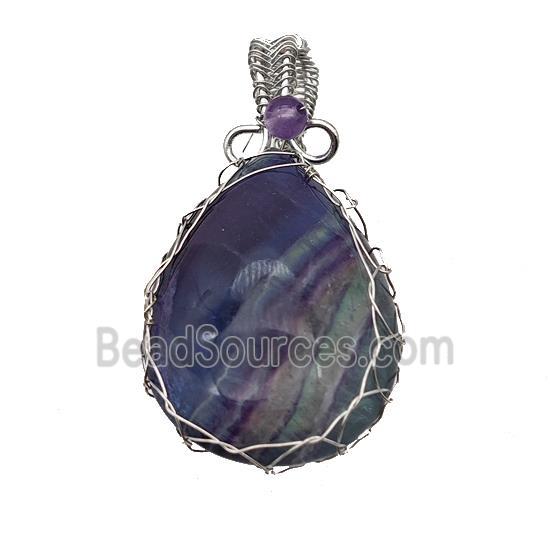 Natural Multicolor Fluorite Teardrop Pendant Copper Wire Wrapped Platinum Plated