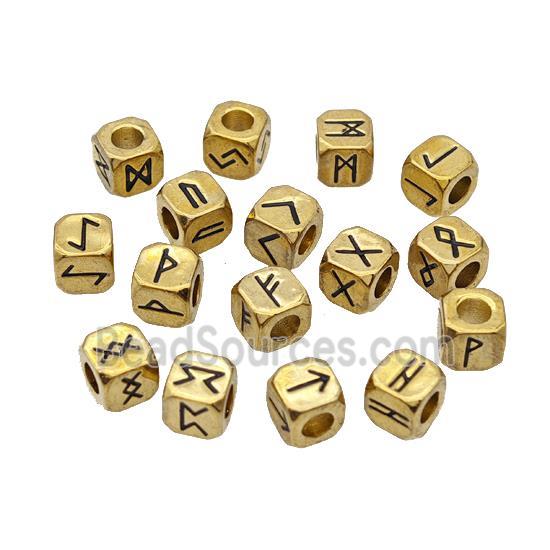 Copper Cube Beads With Oracle Symbols Large Hole Gold Plated Mixed