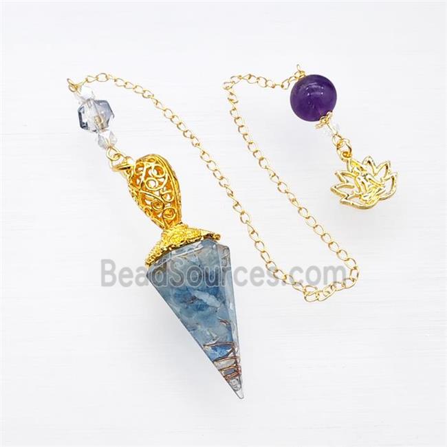 Blue Aquamarine Chips Resin Pendulum Pendant With Chain Lotus Gold Plated