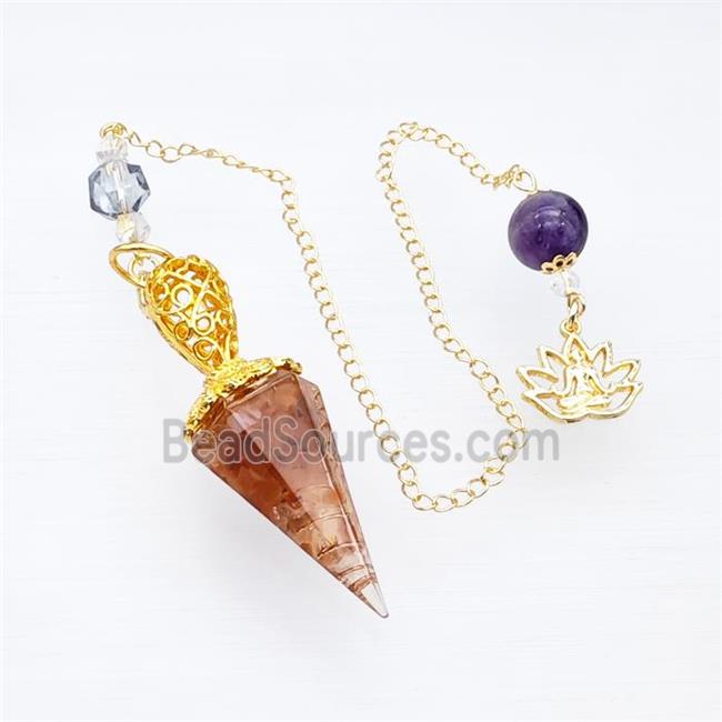 Red Agate Chips Resin Pendulum Pendant With Chain Lotus Gold Plated