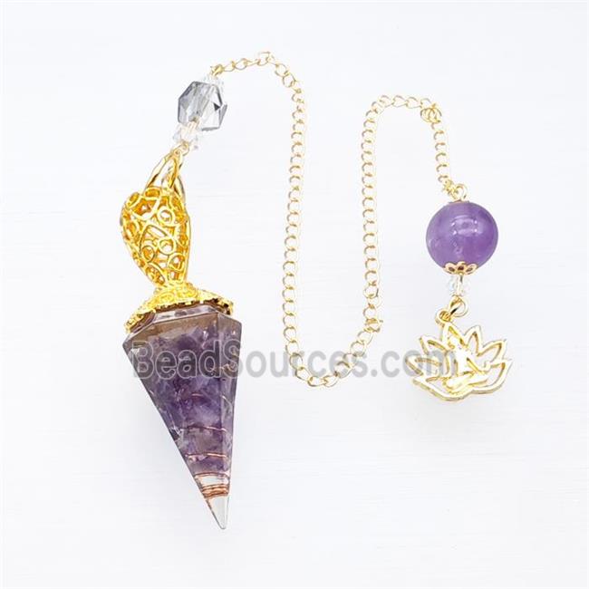 Purple Amethyst Chips Resin Pendulum Pendant With Chain Lotus Gold Plated