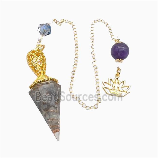 Labradorite Chips Resin Pendulum Pendant With Chain Lotus Gold Plated