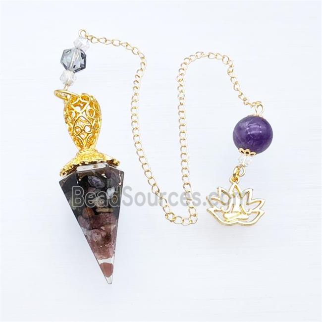 Multicolor Tourmaline Chips Resin Pendulum Pendant With Chain Lotus Gold Plated