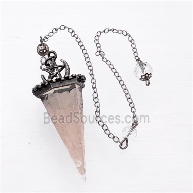 Pink Rose Quartz Chips Resin Pendulum Pendant With Chain Antique Silver