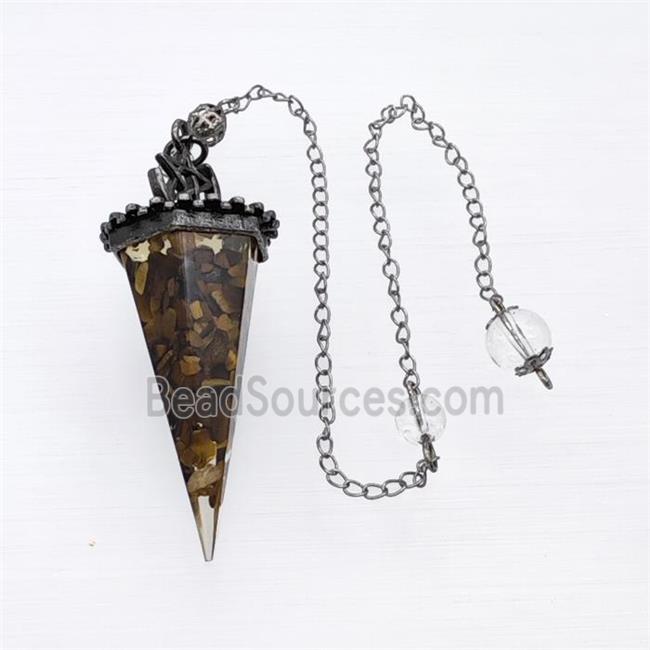 Tiger Eye Stone Chips Resin Pendulum Pendant With Chain Antique Silver