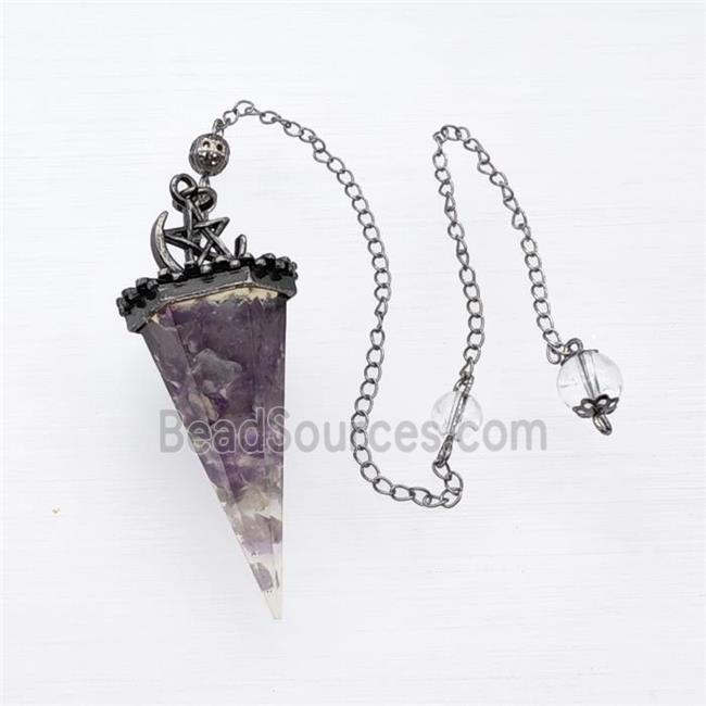 Purple Amethyst Chips Resin Pendulum Pendant With Chain Antique Silver