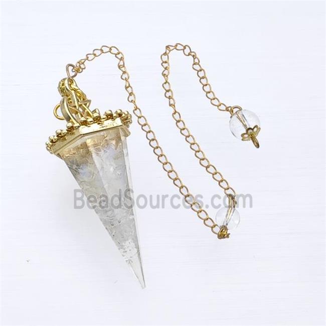 Clear Quartz Chips Resin Pendulum Pendant With Chain Gold Plated