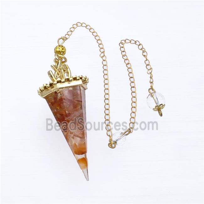 Natural Red Carnelian Agate Chips Resin Pendulum Pendant With Chain Gold Plated