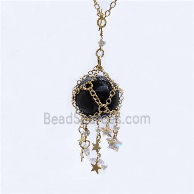 Black Obsidian Sphere Necklace Copper Chain Wrapped Gold Plated