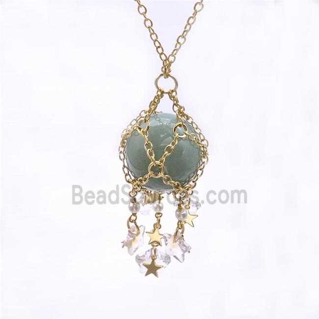 Green Aventurine Sphere Necklace Copper Chain Wrapped Gold Plated