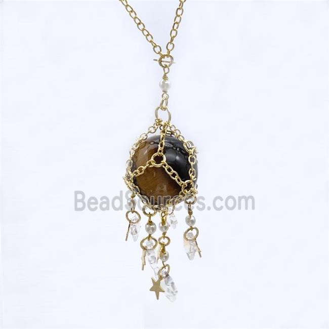 Tiger Eye Stone Sphere Necklace Copper Chain Wrapped Gold Plated