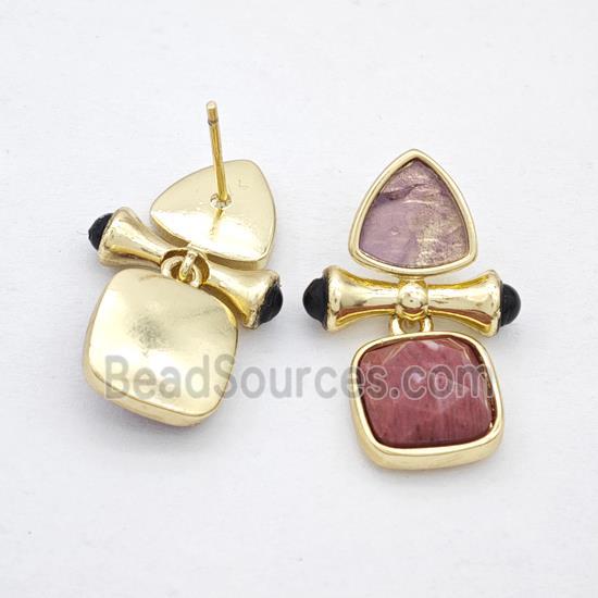 Copper Stud Earrings Pave Gemstone Triangel Square Gold Plated