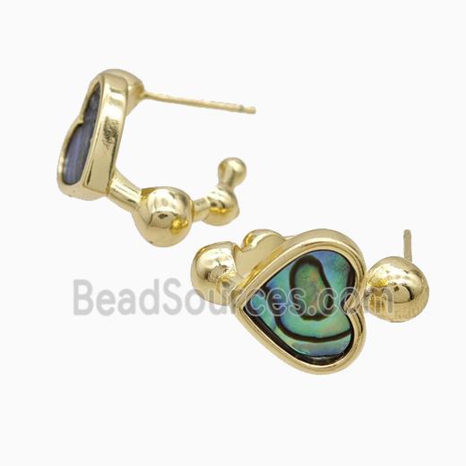 Copper Heart Stud Earrings Pave Abalone Shell Gold Plated