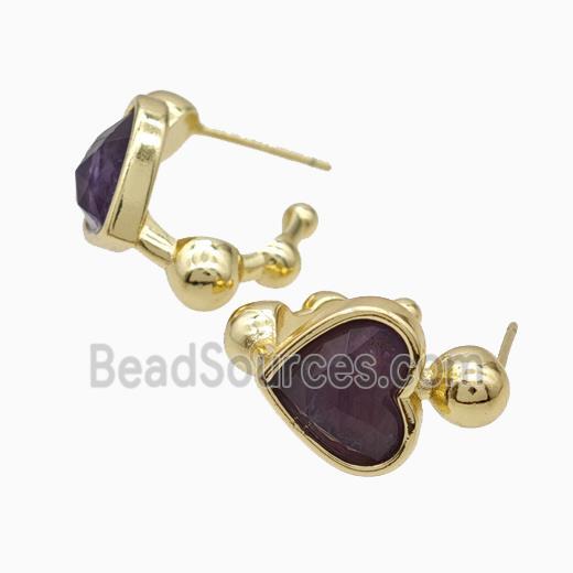 Copper Heart Stud Earrings Pave Purple Amethyst Gold Plated