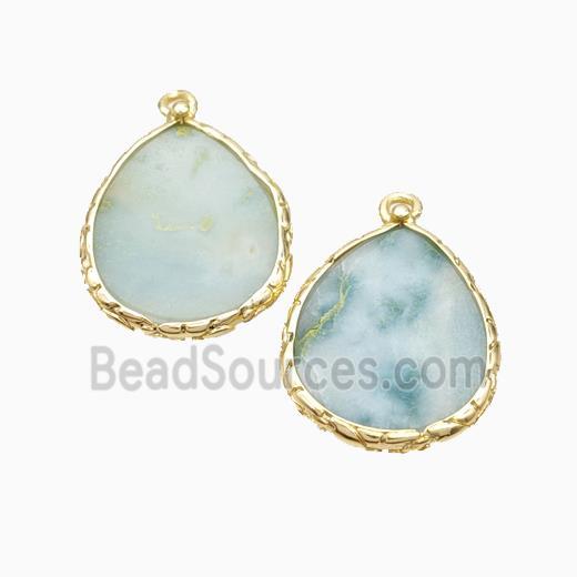 Natural Chinese Amazonite Teardrop Pendant Flat Blue Gold Plated