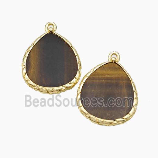 Natural Tiger Eye Stone Pendant Flat Teardrop Gold Plated