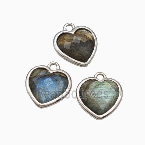 Natural Labradorite Heart Pendant Faceted Platinum Plated