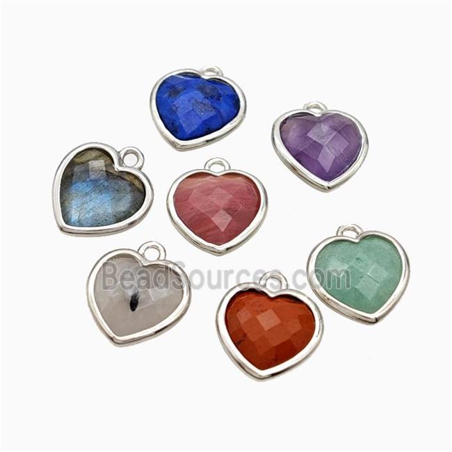 Natural Gemstone Heart Pendant Faceted Platinum Plated Mixed