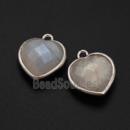 Natural White Moonstone Heart Pendant Faceted Platinum Plated